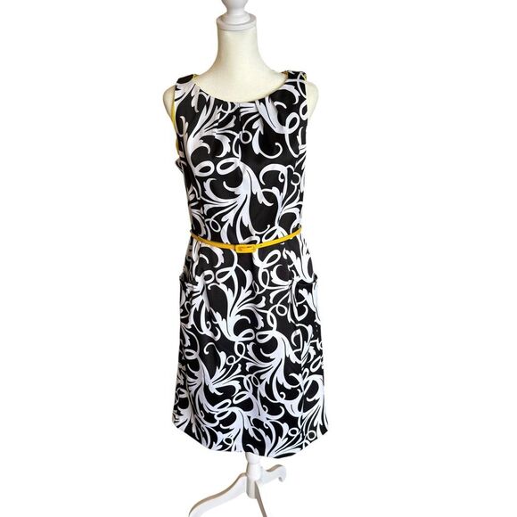London Times black and white geometric dress with yellow belt size 8 - Picture 1 of 5